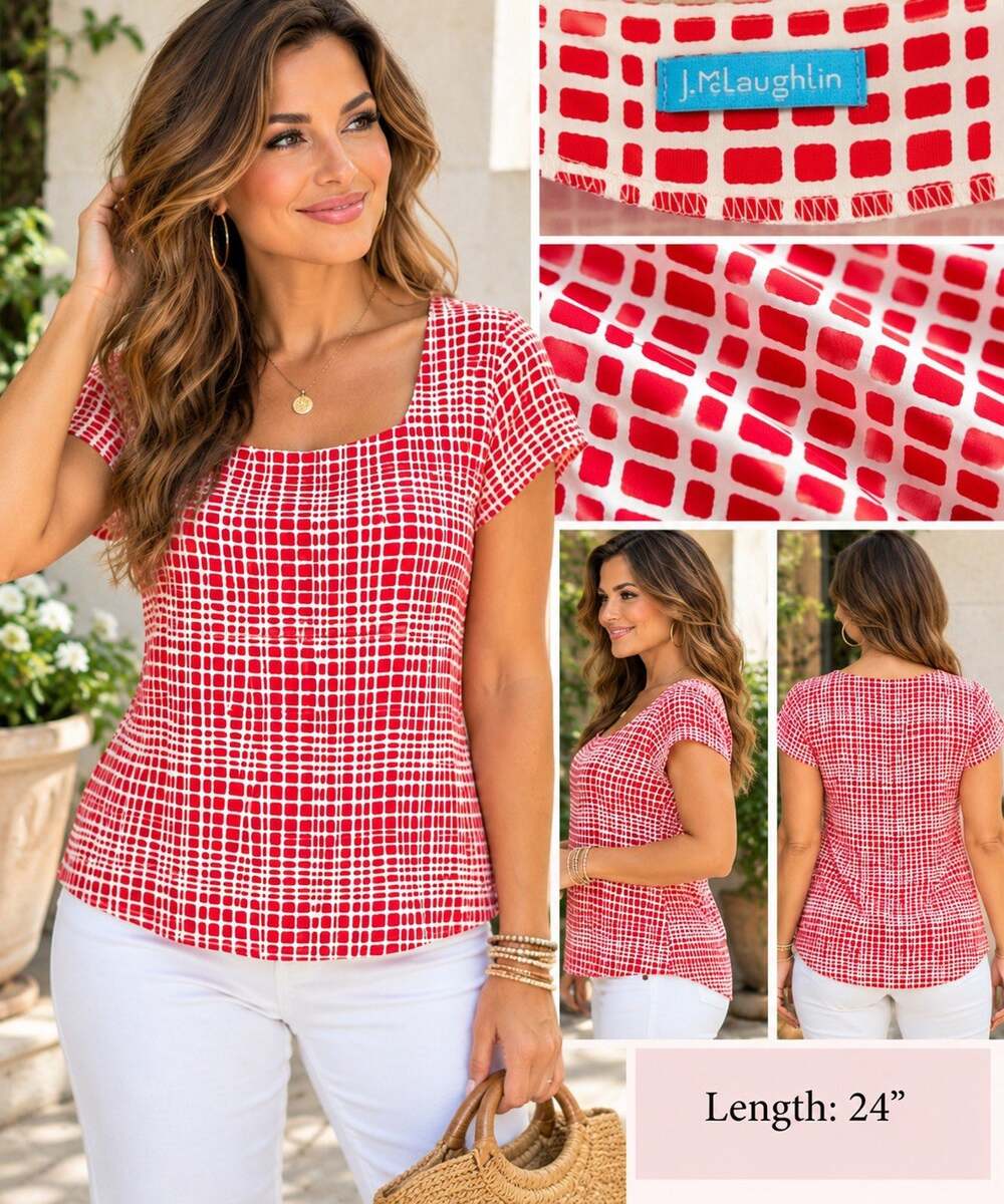 J. McLaughlin Shirt Women Size XL Red White Geometric Catalina Cloth Pullover
